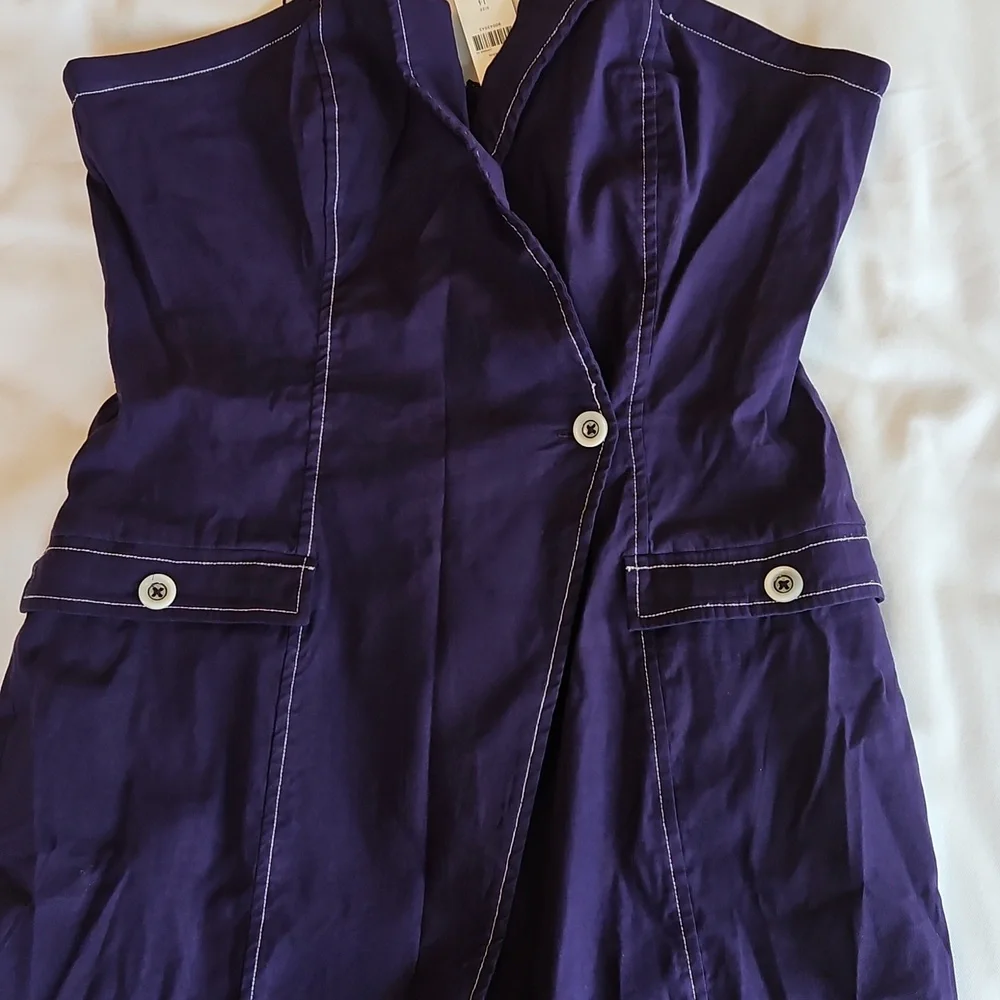 Anthropologie Maeve Strapless Linen Mini Dress Blue Pockets - Picture 5 of 10